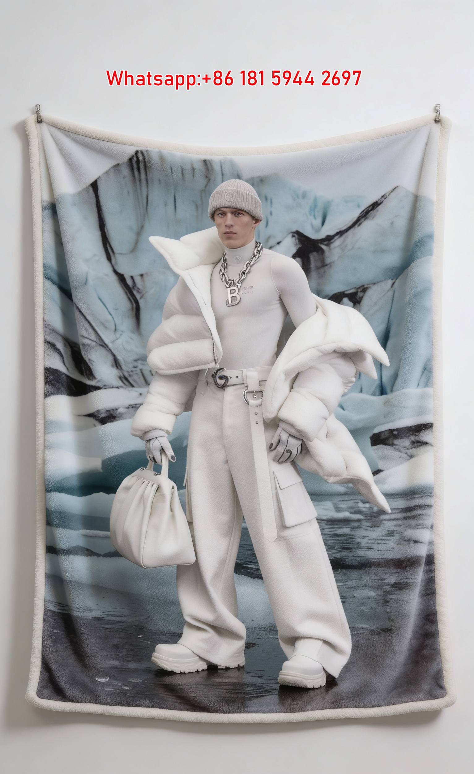 Balenciaga Glacier White Puffer Jacket Flannel Throw Blanket for Sofa Couch Wall Decor BA109